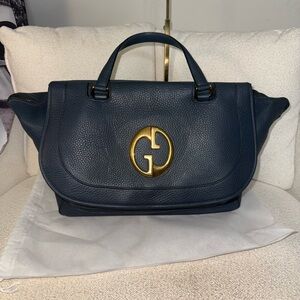 GUCCI Leather 1973 Medium Top Handle Midnight Blue Pebbled Calf Leather.